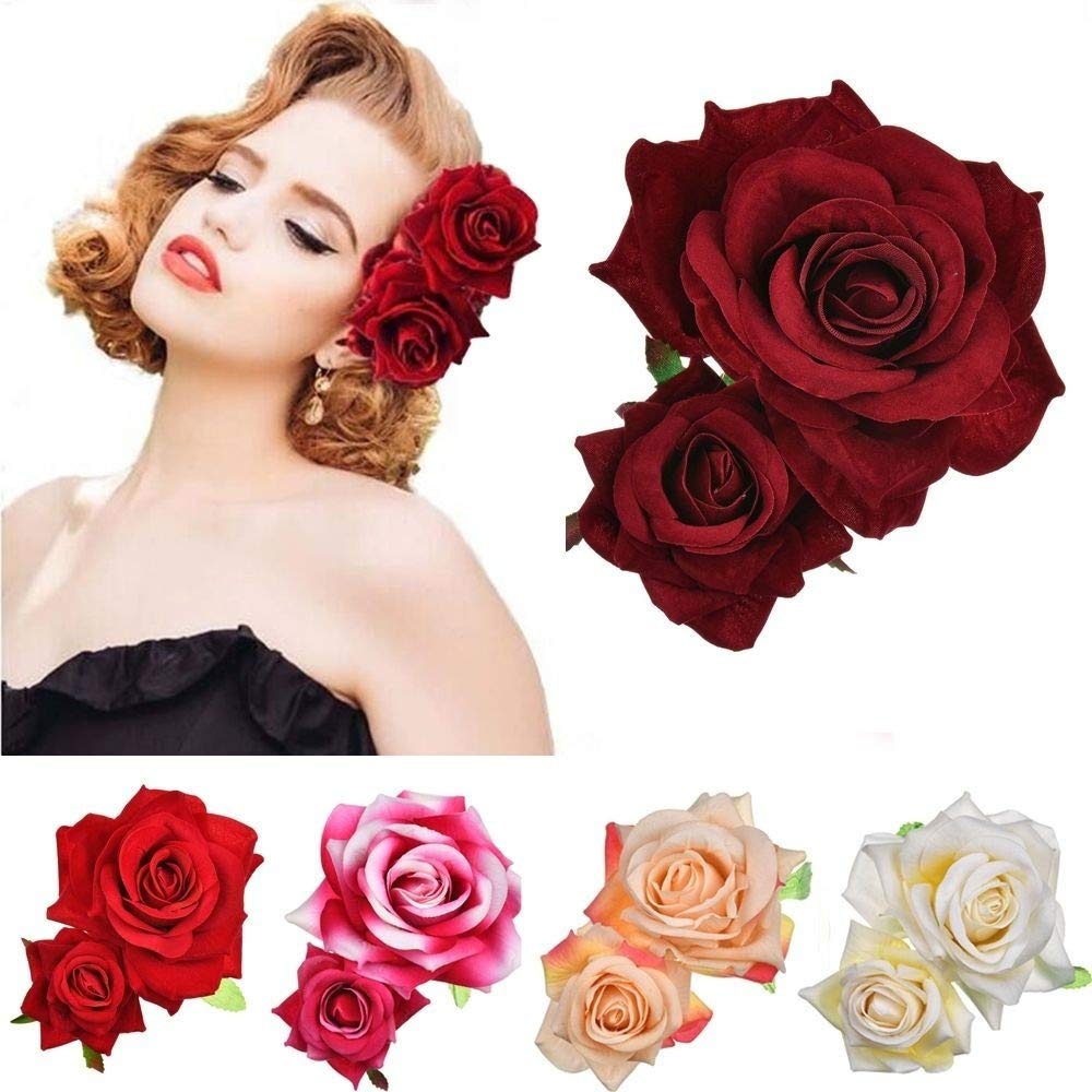 Elegant Red Rose Hairpin Hair Clips Bridesmaid Head Piece Bridal Flower Hiar Clip (ORANGE)